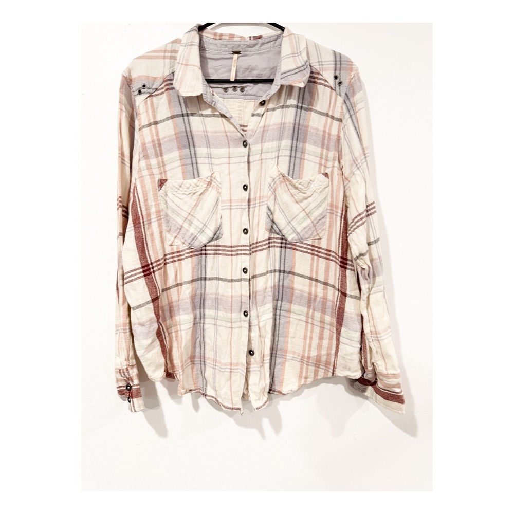 Free People Women Large Plaid Button Down Shirt Long Sleeve Grommet Detail Cream